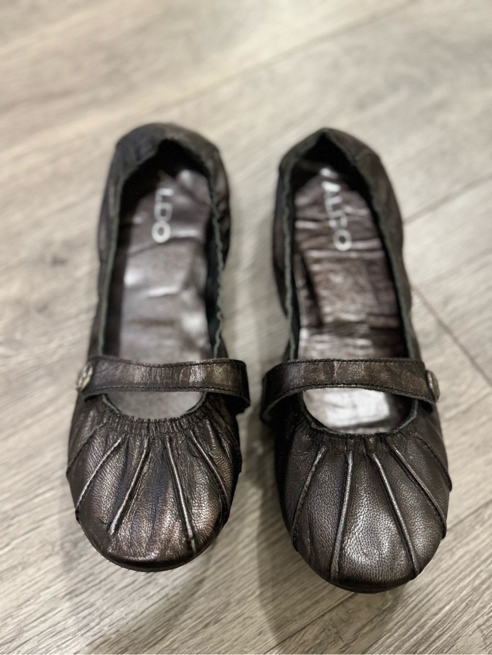 Y2K Aldo Metallic Black Pleated Mary Jane Flats- Made in Spain